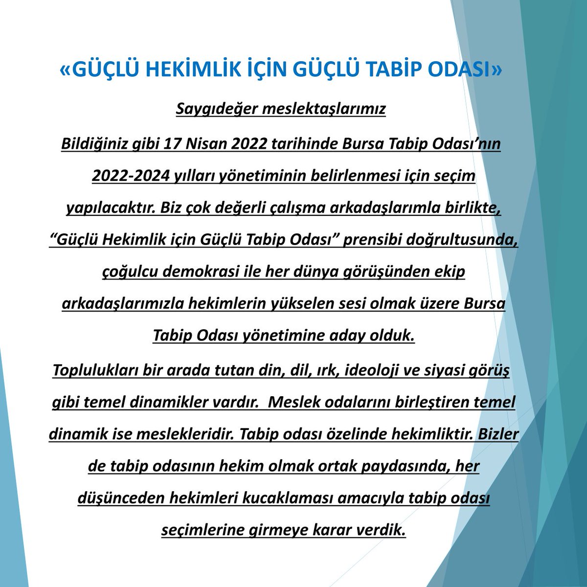 DrSonerCander's tweet photo. Güçlü Hekimlik İçin Güçlü Tabip Odası
Değerli meslektaşlarımız ! 
Herkesi 17.04.2022 tarihinde (yarın) yapılacak Bursa Tabip Odası Yönetimi seçimlerine katılmaya ve bizlere destek vermeye davet ediyoruz.
Birlikte çok daha güçlü olacağız
Saat 09-17  BAOB 1.kat Fuaye alanı https://t.co/VMIHd6W3Cd