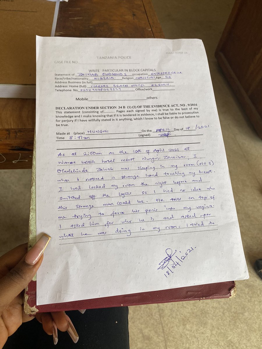 When we got to the police station, I was asked to write my statement which I did. The police men asked me to narrate the incident to them and they advised I go to the hospital to go do a check up if I was raped or not. 38