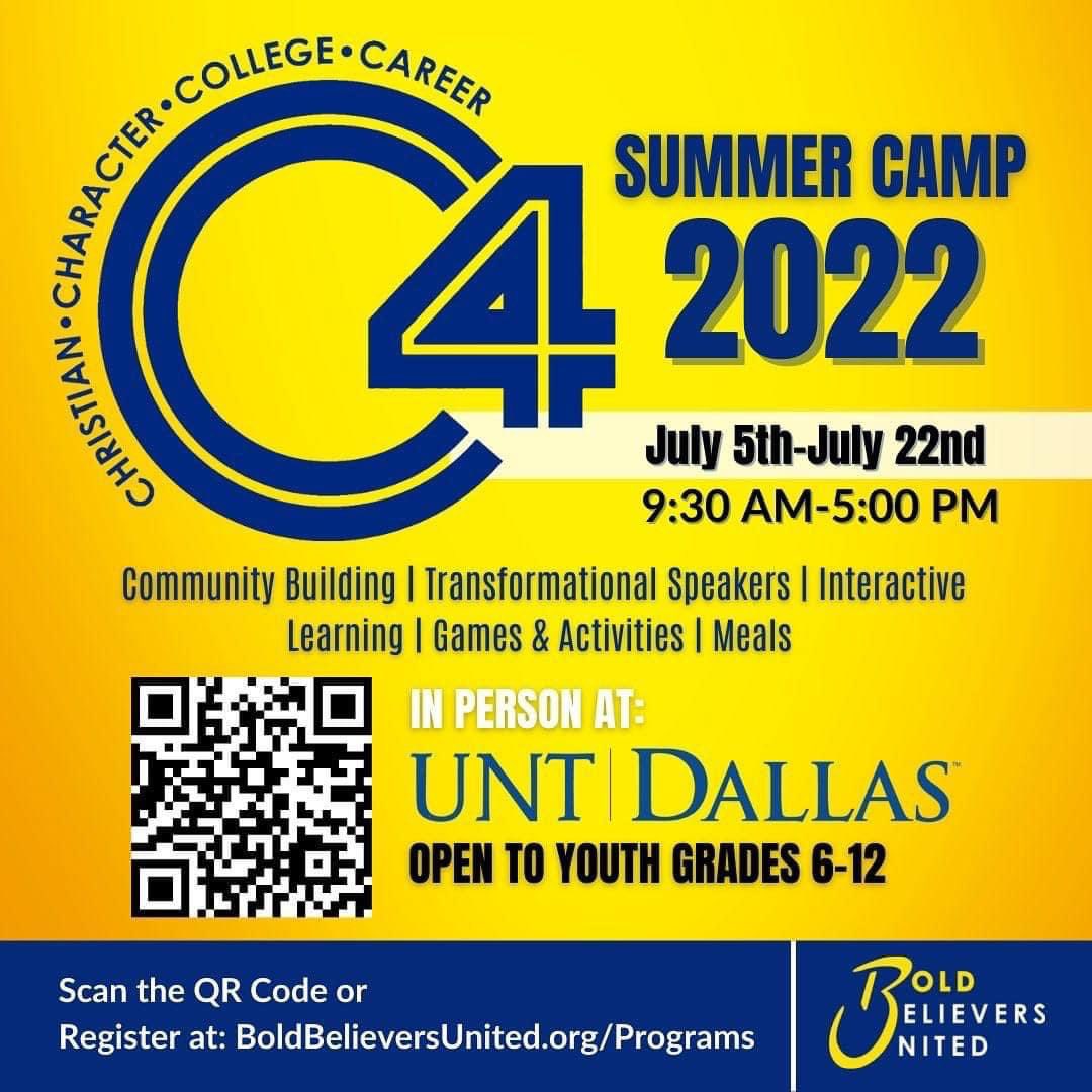 Ddurham07's tweet photo. C4 Camp Registration Is NOW OPEN!Bold Believers United, hosts the C4: Christian, Character, College, and Career Camp for youth, grades 6-12.
Space is LIMITED!
Register now: https://t.co/1RbLR40Vyb
#DallasYouthCamp #ChristianSummerCamp #DallasSummerCamp #STEAMcamp #CollegePrep https://t.co/zfbO4wP5MC