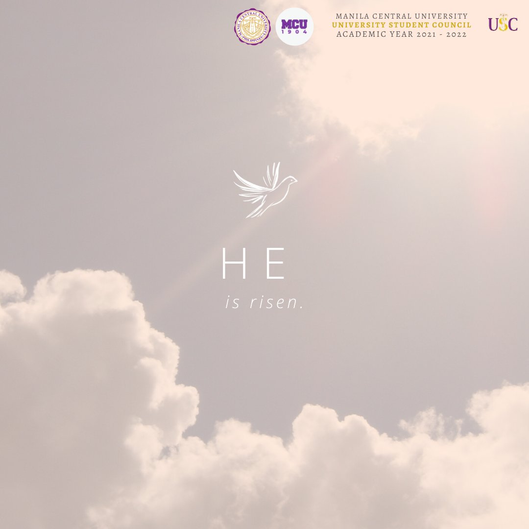 MCU_USC's tweet photo. 1 Peter 1:3

Easter is the time to rejoice, be thankful for God's endless blessings, a gift of Hope, Peace, and Love. As we celebrate this blessed day, may His light shines down upon you and guide you on your path in life.

Happy Easter, Centralinos! 🥚

#KwaresmangCentralino https://t.co/PXvqxj6KsQ