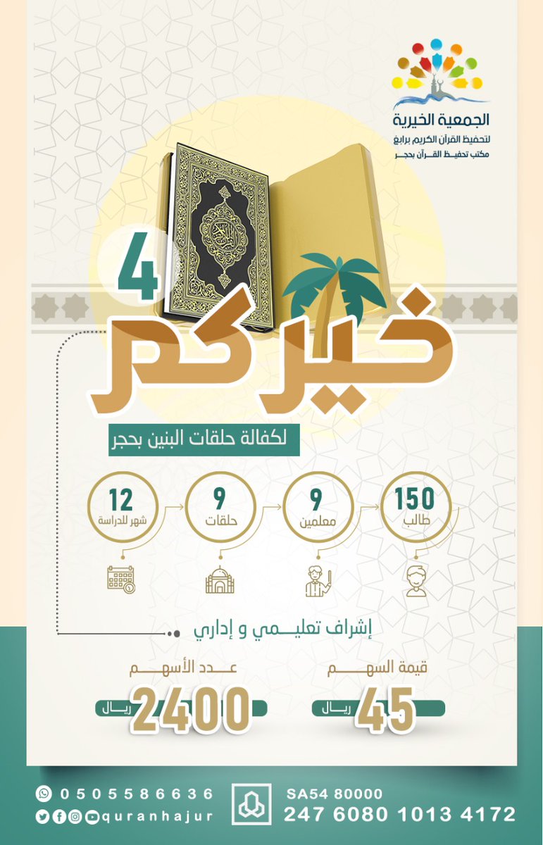 اغتنموا موسم #رمضان في البذل للخير و أشركوا والديكم في ثواب ما تقدمون ، فالمؤمن في ظل صدقته يوم القيامة ..

ساهموا في دعم #حلقات_التحفيظ_بحجر بـ ٤٥ ريال فقط للسهم الواحد لتعليم و تحفيظ كتاب الله ..