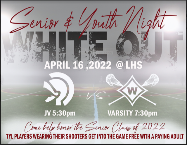 Come out to the Senior Night game against Walton tonight!  It is a White Out. It is also Youth Night. TYL players wearing their shooter shirts get in free with a paying adult. The SRs will be honored after the JV game between 6:15 and 6:45.