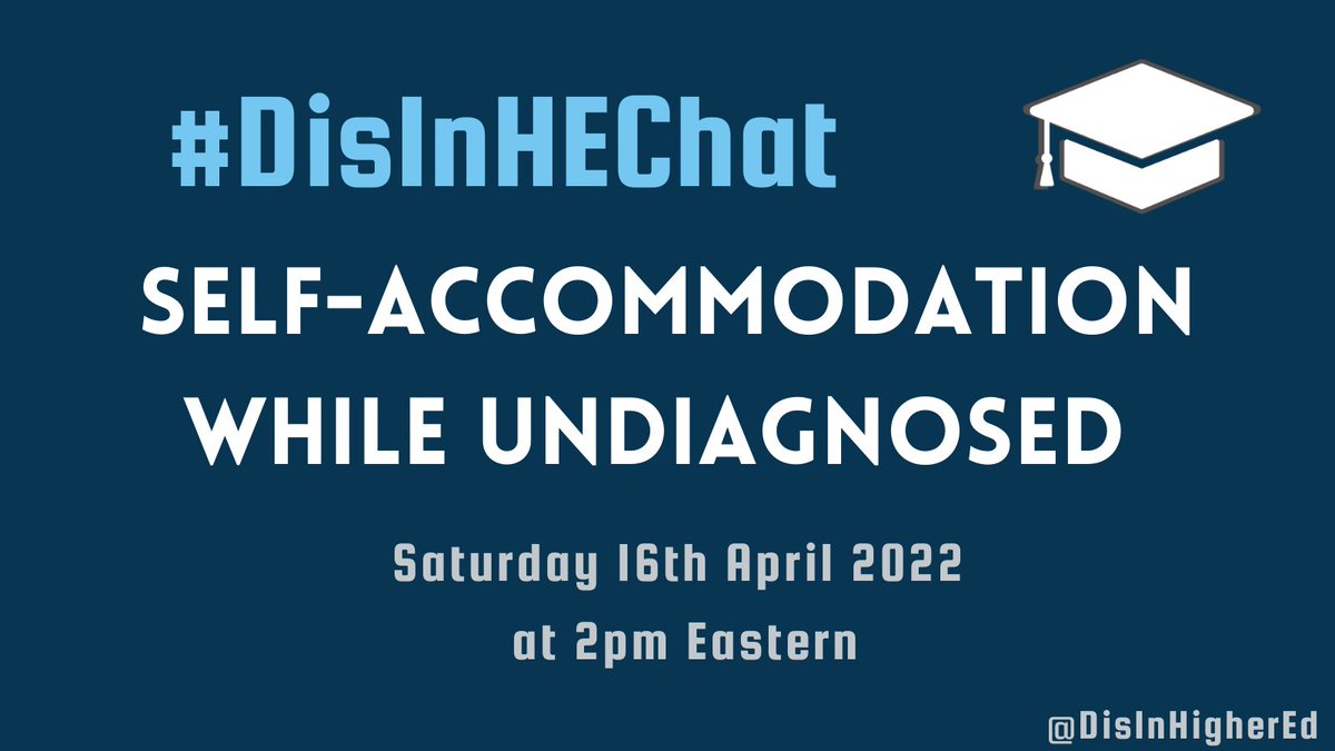 DisInHigherEd's tweet image. Welcome to today's #DisInHEChat on self-accommodation while undiagnosed! We are excited to have everyone join us.

Please check out this document for the questions for today [link] bit.ly/3xBTua6 

We will be tweeting out each Q every 20 minutes. #DisInHigherEd