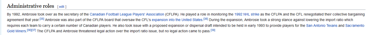 3rdandG's tweet photo. Per Wiki - @RandyAmbrosie fought against lowering the 🇨🇦 ratio during the 90s 🇺🇸 expansion, he &amp; @CFLPA threatened legal action against @CFL . Funny how people don't remember their past.

#CFL @CFL_News @GlenSuitor @Jim_MullinTSN @robvanstone @TheJCAbbott @JDunk12 @therealballsy https://t.co/uKPRrbkqsn