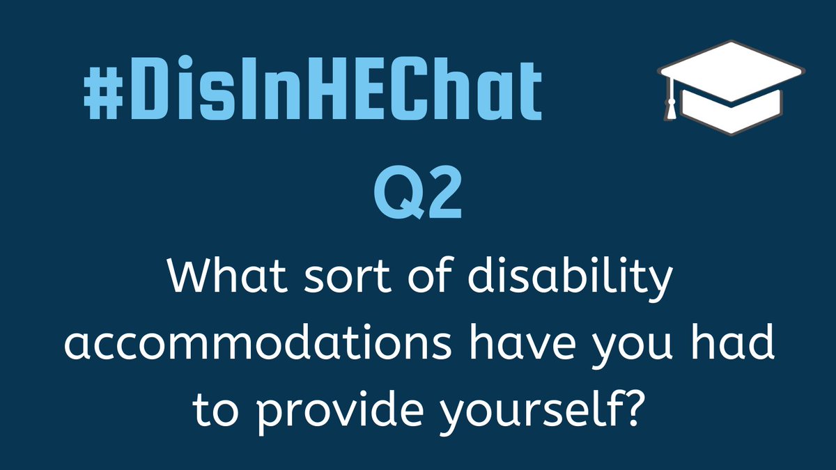 DisInHigherEd's tweet image. Q2: What sorts of disability accommodations have you had to provide yourself? #DisInHigherEd

Remember that you can take respond at your own pace &amp;amp; DM us if you would like us to post a response anonymously. Use #DisInHEChat in your responses so we can find them and repost!