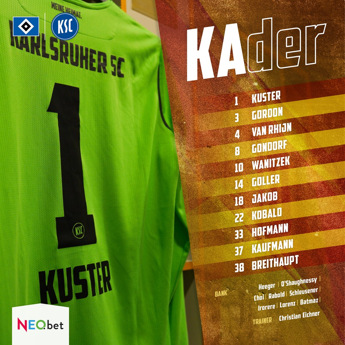 KarlsruherSC's tweet photo. 📜 Einige Wechsel in der ersten Elf! 🔁 #Kuster für #Gersbeck, #vanRhijn für #Thiede, #Kaufmann für #Lorenz - diese 1️⃣1️⃣ geben heute für 3️⃣ Zähler! 🔥
____________
⚽ Liveticker auf https://t.co/qwGIIMlp6T
#HSVKSC #KSCmeineHeimat https://t.co/J0atZsMAUW