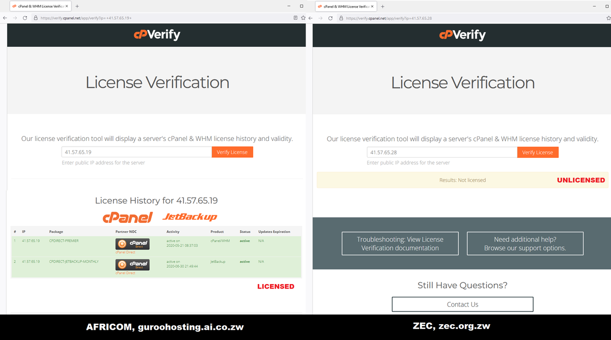 PacheduZW's tweet photo. Yesterday, we established that ZEC and Africom are sharing the same server cPanel Client ID 56414549.

We have just confirmed that Africom owns this cPanel license, not ZEC.

ZEC never had a license for their web server cPanel, meaning Africom is hosting ZEC.

@mangwana_jasper https://t.co/2ZoYQvUbI9