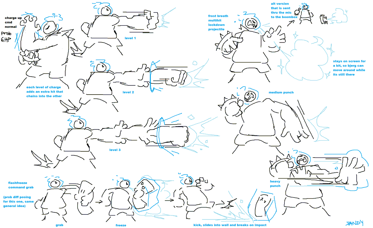 another fightgame character idea! his name is bjerg and he uses his ice breath and brass knuckle mic + living boombox for attacks. he can also grow more arms out of his arms
also some rough sketches in paint with mouse, i did this rougher stuff during lectures lol