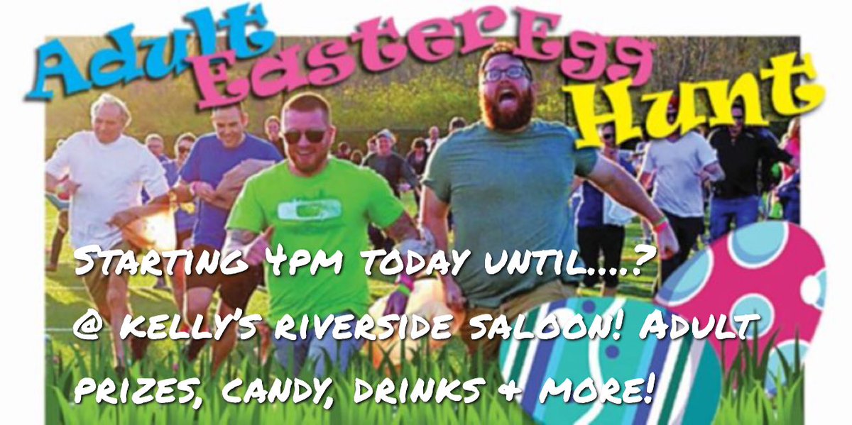 KellysRiverside's tweet photo. Our Annual Easter Egg 🐣 Hunt is ON!  Sorry for the delay in posting but we thought we were rained 🌧out! The sky’s are clearing &amp; your inner child deserves to romp! Join us on the Island 🏝 at 4pm until…?!  

Adult prizes🧉, drinks, CANDY 🍬, a Golden ($50) Egg 🌟 https://t.co/xjBfK6Fr13