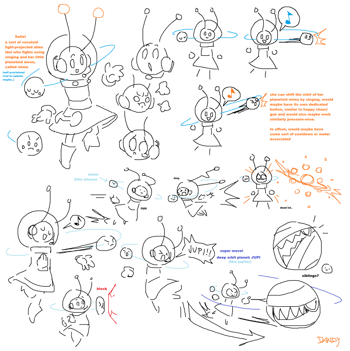 annnd another fightgame character! her name is Satie, and she's like a vocaloid sorta idol girl made of light. her little planetoid's name is Mima, and they attack together!
(+ms paint rough sketches)