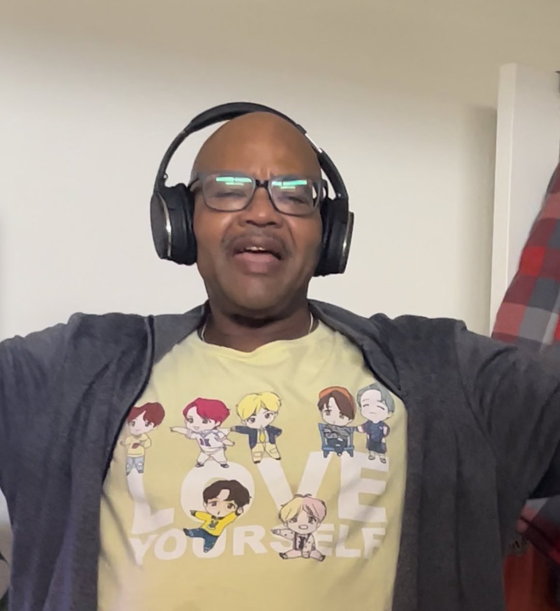 I woke up from my nap and look what my dad is wearing 🤣🤣🤣😂😂😂 he was screaming “BTS baby!”
