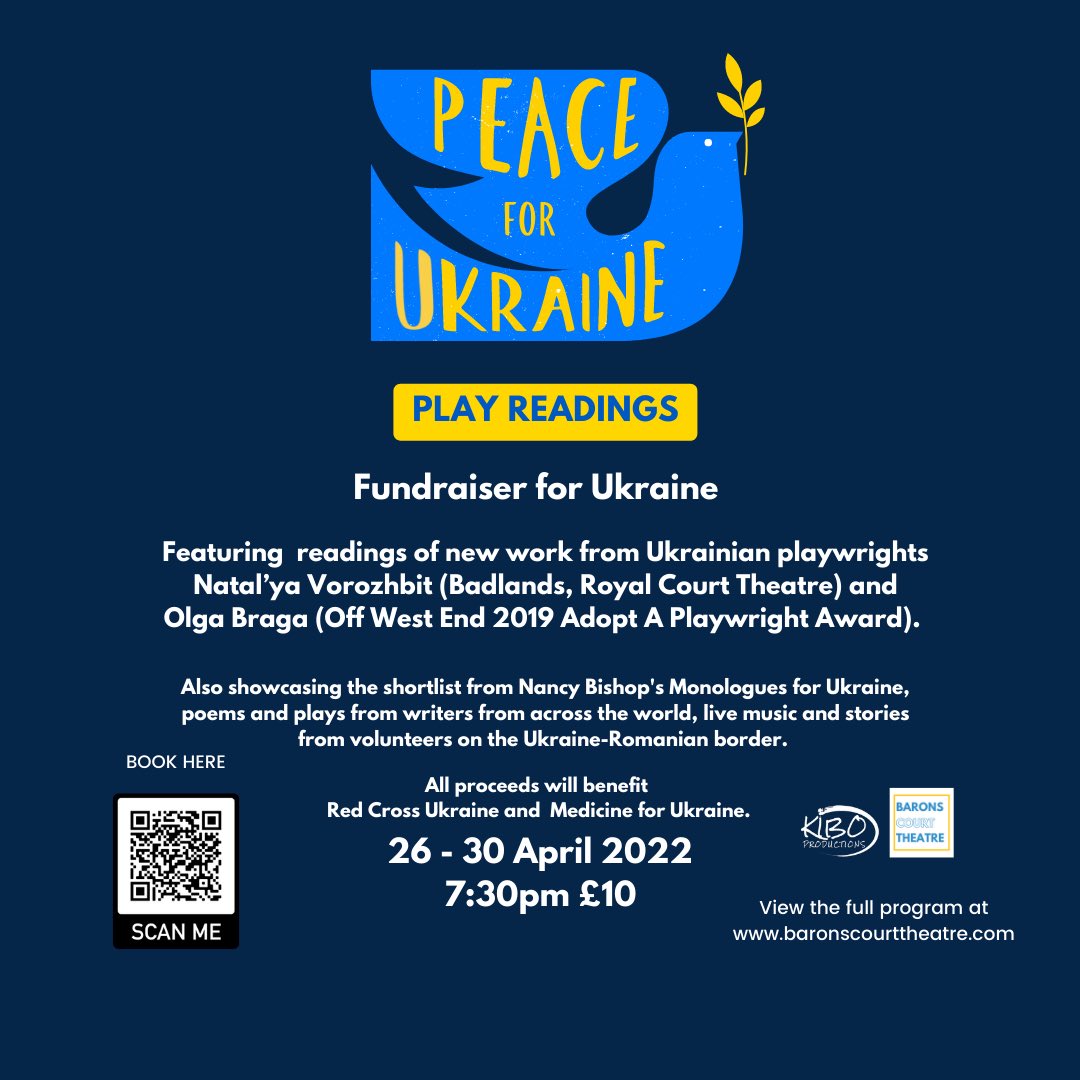 KiboProductions's tweet photo. Excited to include The Scholarship by @LadyGodiva____ and James Brunt as part of our fundraiser for Ukraine at @BaronsCourt_W14 We’ll be featuring protest plays during the day on Sat 30 April and The Scholarship will be read at 3:00pm. #playreadings #ukrainefundraiser https://t.co/oahc7XDZB2