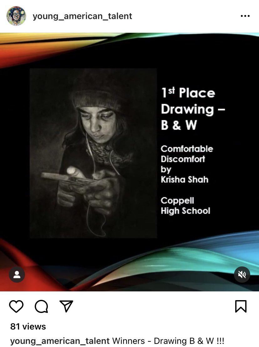 m_hauske's tweet photo. Krisha!?!!! First place in both the Digital and Drawing Black and White categories!!!! Way to go!! I am so proud of incredible work you are making this year! #CHSArt #APDrawingCHS @CoppellHigh @CoppellFineArts #CHSReset @TalentYat https://t.co/oXhSsFauSM