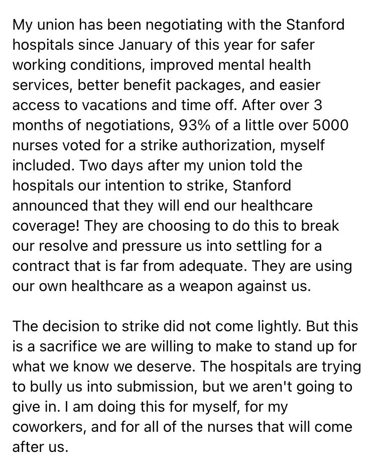 SaraQDavid's tweet photo. my cousin amanda is a nurse at stanford children’s: two days after the union said they’d strike for safer working conditions, stanford ended their healthcare coverage. please sign and share this petition demanding that nurses maintain their benefits: https://t.co/i6UGPwaQD4 https://t.co/dw0MkLKBTy