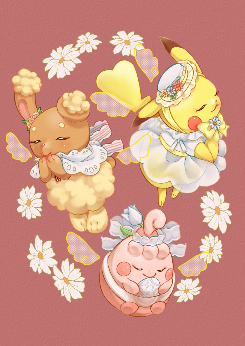 oekaki_niipoh's tweet image. 今年お迎えしたグッズの3匹🥰
白いお洋服が天使のようだなあと思いながら描きました！👼💖

一度この状態で完成として載せちゃいます！
背景も描けたら、また後日載せたいです🥺💓
#Easter  #Easter2022 #pokemon