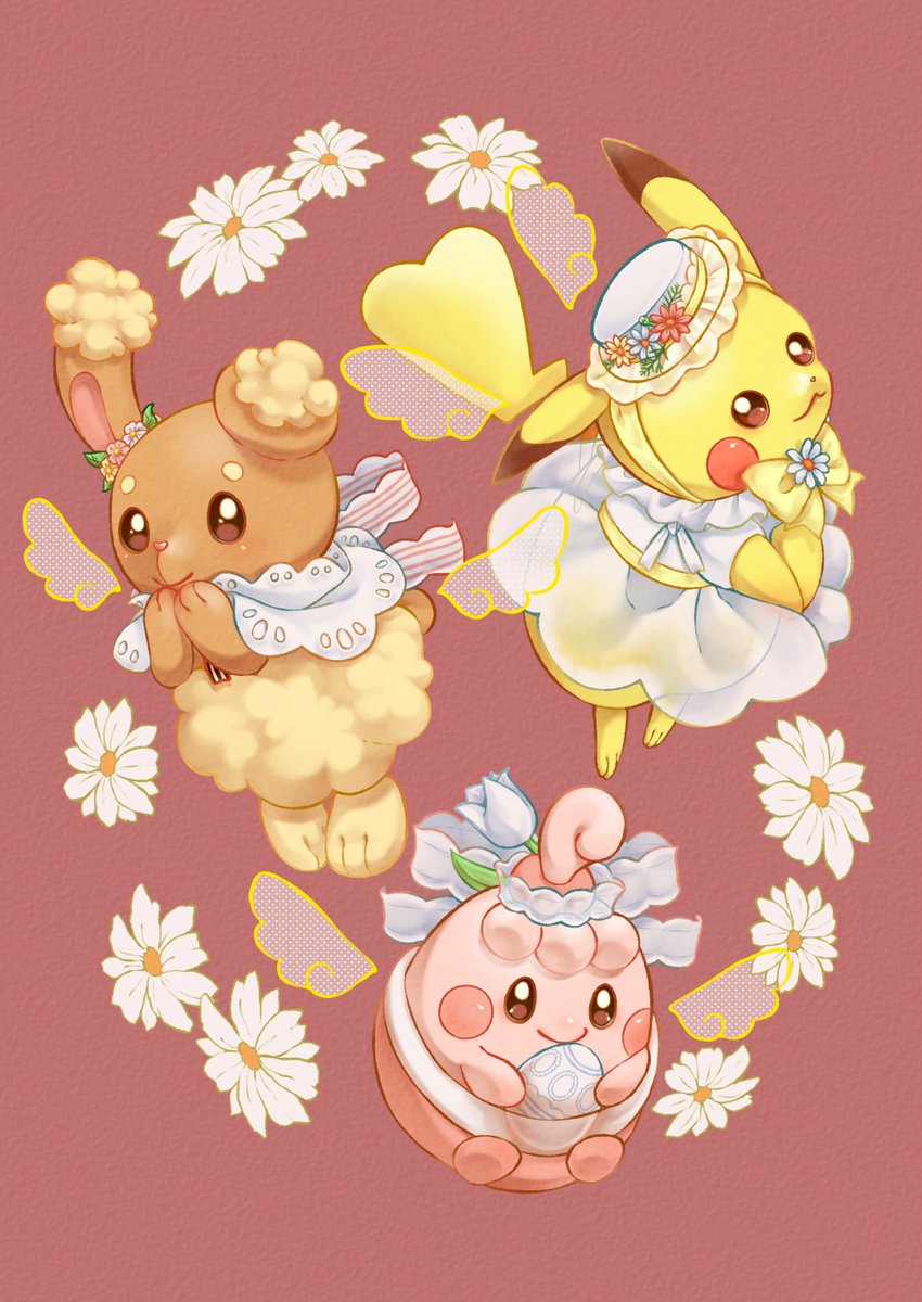 oekaki_niipoh's tweet image. 今年お迎えしたグッズの3匹🥰
白いお洋服が天使のようだなあと思いながら描きました！👼💖

一度この状態で完成として載せちゃいます！
背景も描けたら、また後日載せたいです🥺💓
#Easter  #Easter2022 #pokemon