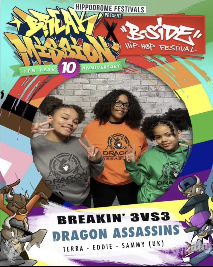 I am excited to be battling with my sister’s <a href="/BGirl_Eddie/">B-Girl Eddie</a> and <a href="/BGirl_Terra/">B-Girl Terra</a> at Break Mission. Let’s go <a href="/Drag0nassassins/">Dragon_Assassins</a> 🔥🔥🔥🐉😁👊🏾👧🏾