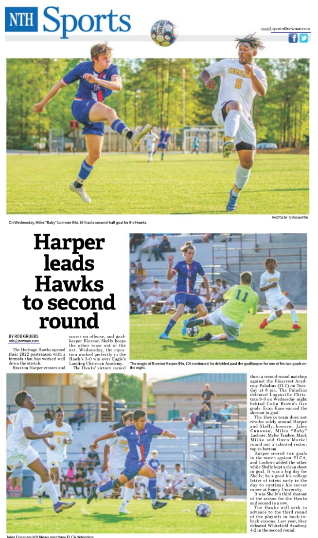 NTHSports's tweet photo. In the sports section of today's @TimesHerald 
Heritage Hawks play Pinecrest in second round of playoffs on Tuesday night at 8 pm 

@THS_HawksSports @braxtonharper10 @NWatts2 @ELCAAthletics @GA_HS_Soccer https://t.co/Mn0TAVg6h1
