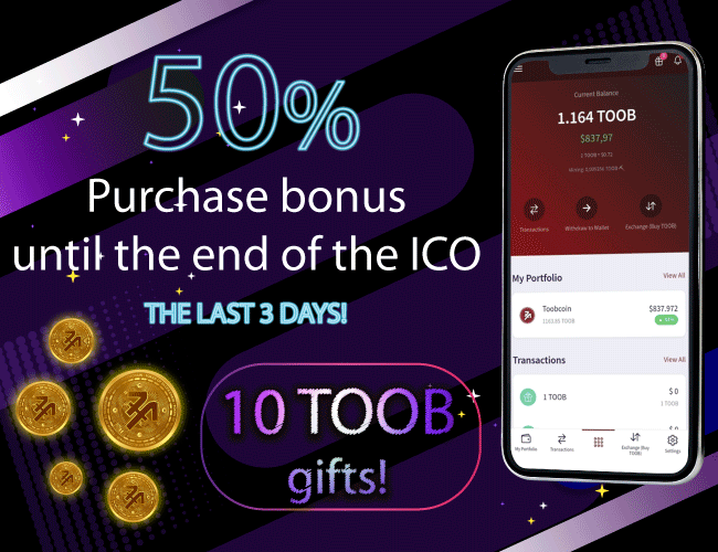 Days before the end of the ICO, 50% bonus will be given on #Toobcoin purchases before listing. Retweet this post, like and tag 3 friends for a chance to win 10 $TOOB 🎁 Note: Don't forget to add your Twitter username in our mobile app to win an award. #toobemi #USDT #TRON