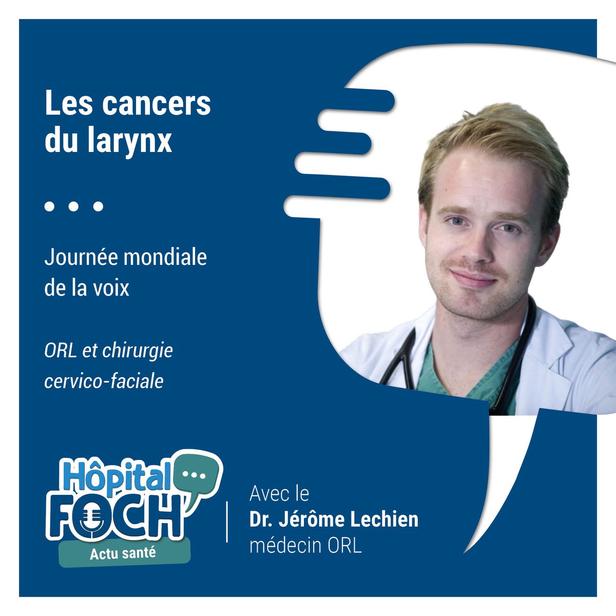 HopitalFoch's tweet photo. #4 🎙️ Les cancers du #larynx

4e cancer le plus fréquent, le #cancer #ORL ne cesse d’augmenter depuis 10 ans.
👨‍⚕️ Retrouvez le Dr Lechien, chirurgien ORL, qui aborde plus spécifiquement le cancer du larynx et les progrès de la chirurgie grâce au robot. 
https://t.co/4lJqerB1Ml https://t.co/kTvSRdG5fr