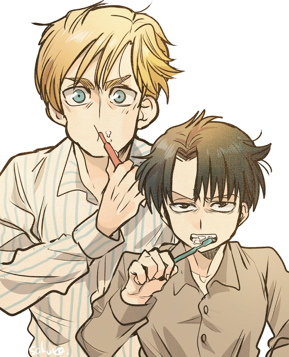 brushing teeth 2boys multiple boys toothbrush blonde hair male focus shirt  illustration images