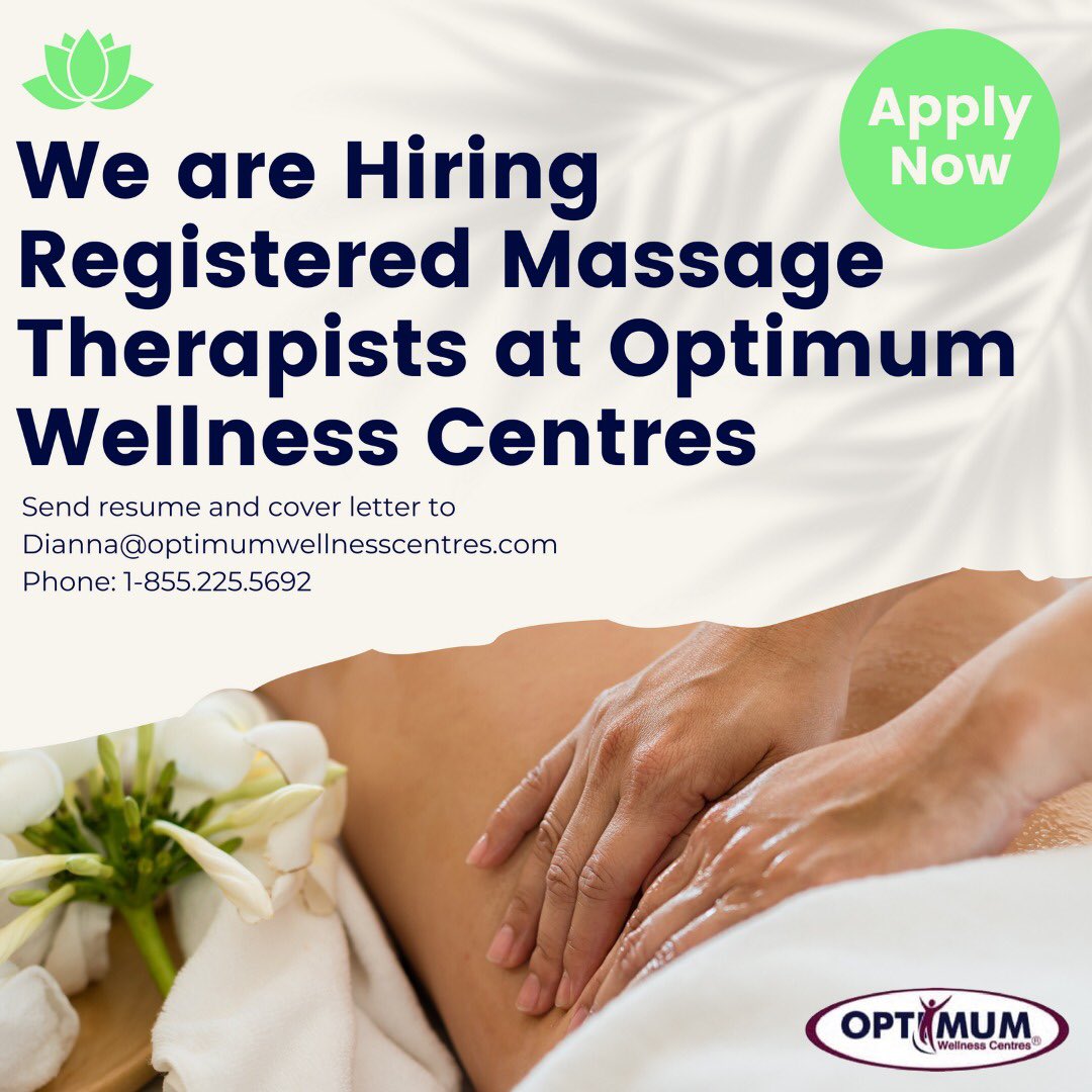 Our squad is growing and yes, we are hiring. Calling for registered Massage Therapists to join our dedicated team at Optimum Wellness Centres, where we are pledged to enhance our clients' well-being.

Kindly mail your resume and cover letter on Dianna@optimumwellnesscentres.com https://t.co/lZoxAwyiG2