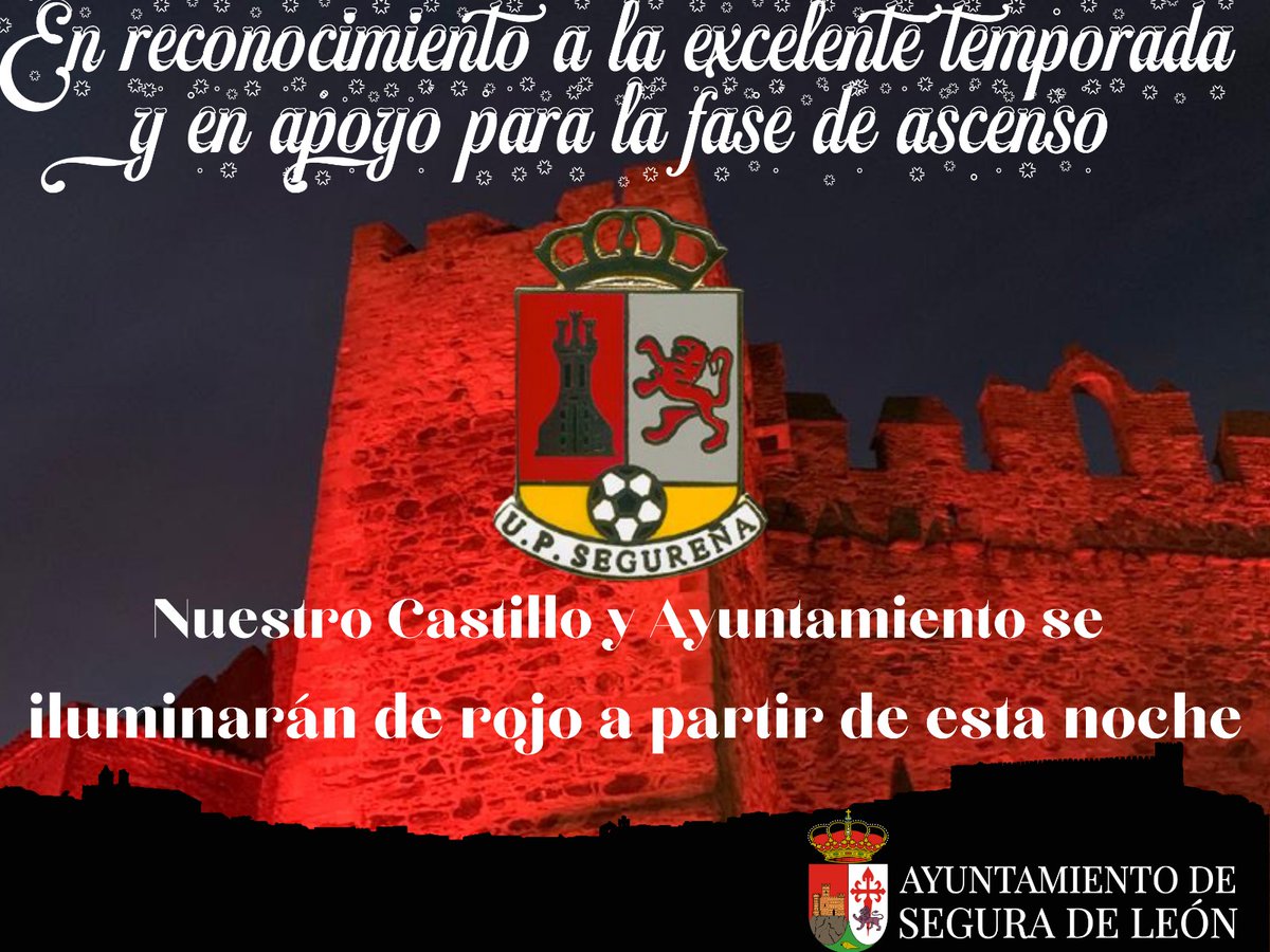 UPSegurena's tweet photo. A partir de esta noche, el Castillo y Ayuntamiento se iluminarán de rojo en reconocimiento a la excelente temporada realizada por la UP Segureña y en señal de apoyo para la fase de ascenso que comienza mañana domingo a las 18h en el Estadio Municipal Fernando Rey

GO UP ❤🤍💪⚽ https://t.co/X7gb2ax134