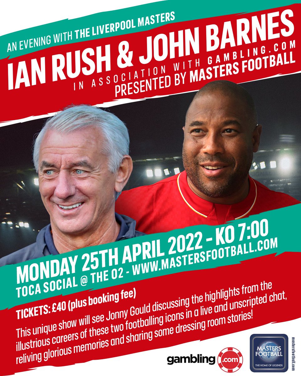 Spend an evening in the company of <a href="/Ian_Rush9/">Ian Rush MBE</a> &amp; <a href="/officialbarnesy/">John Barnes</a>? Retweet for a chance to win a free £40 ticket to the event at the 02 London on April 25th. I’ll pick 2 random winners after the United game. 👍