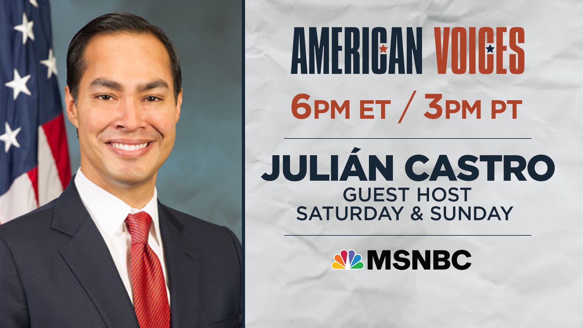 Julián Castro on X: "I'm excited to guest host for the first time on MSNBC  this weekend, filling in for @AliciaOnMSNBC. Tune in at 6pm ET today and  tomorrow! https://t.co/RtDEo04Pup" / X