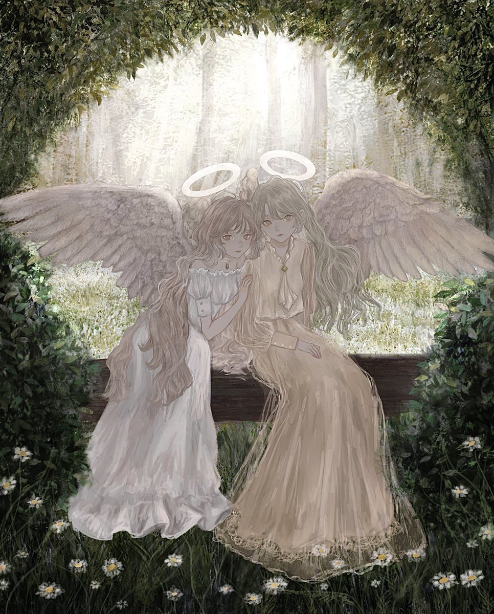 multiple girls 2girls dress halo angel wings angel wings  illustration images
