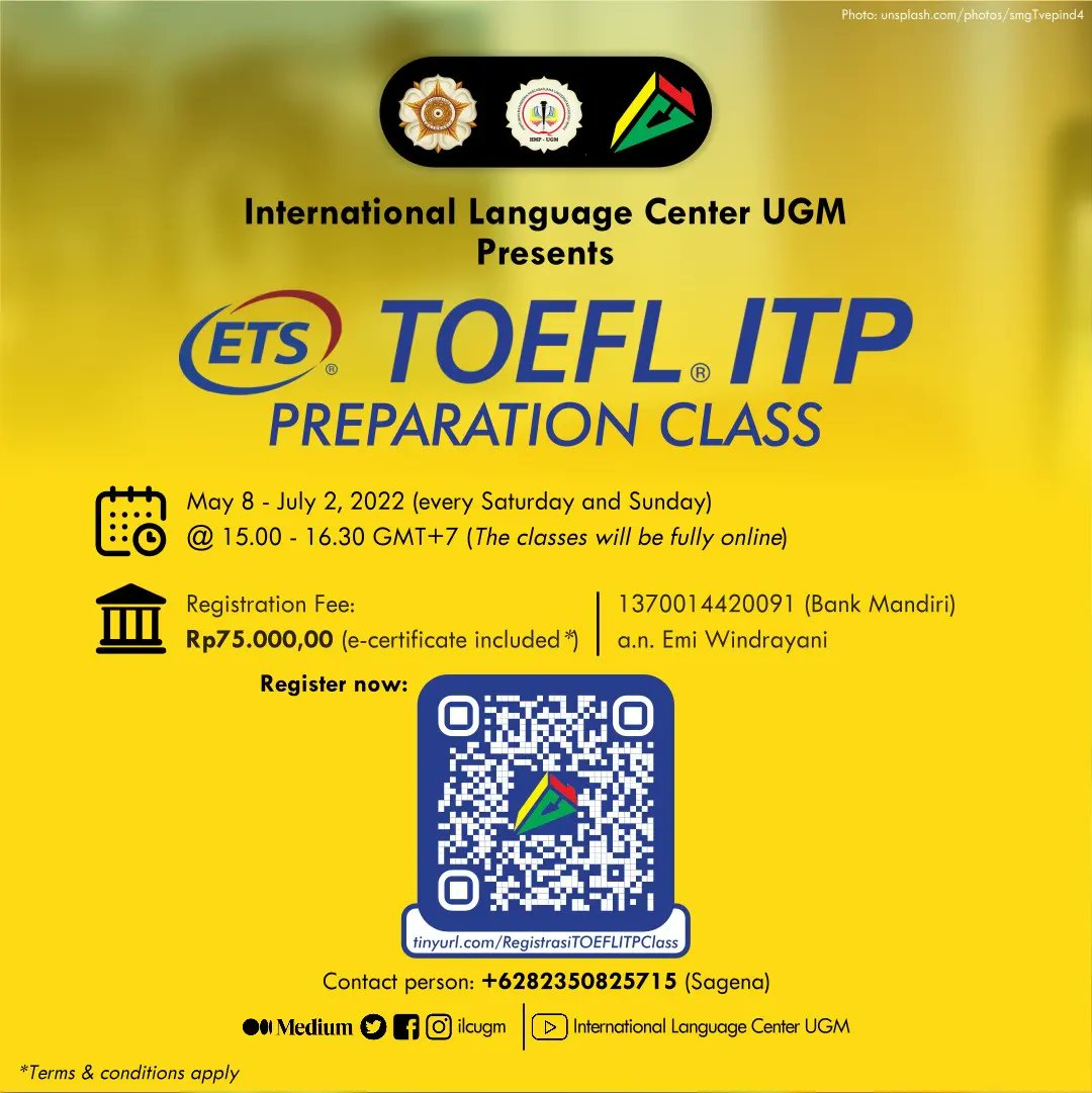 ilcugm's tweet photo. [TOEFL ITP Preparation Class] 
Hi ILC Friends! Are you planning to take the TOEFL ITP test or just want to increase your score but you don't know what or where to learn? Then, let's join our TOEFL ITP Preparation Class!
#ilcugm https://t.co/4TlJRXqc2D