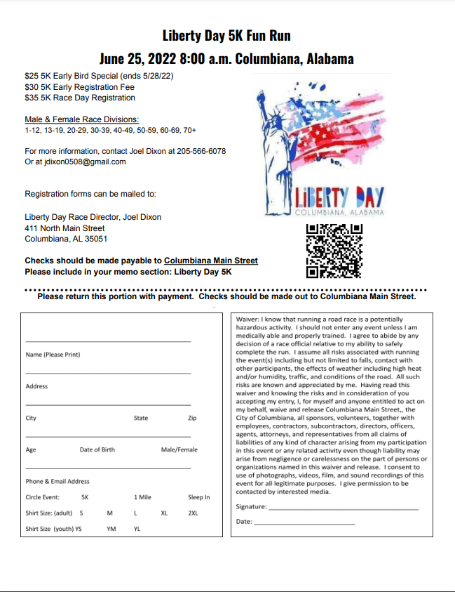 Liberty Day 5K is coming for you!  June 25, 2022.  Sign up by May 28 to take advantage of the Early Bird Discount.

active.com/columbiana-al/…