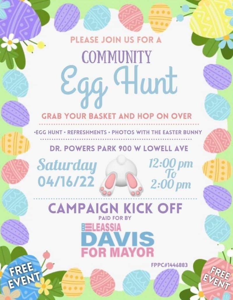 Today is the day! Rain or shine, in less than 6 hours, our Community Egg Hunt and Campaign Kickoff is happening! Hop on over to Dr. Powers Park at 12 noon for family fun-an Egg Hunt, snacks, photos with the Easter Bunny &amp; more!
#tracyca #Communityfirst  #DavisforMayor
 #Easter