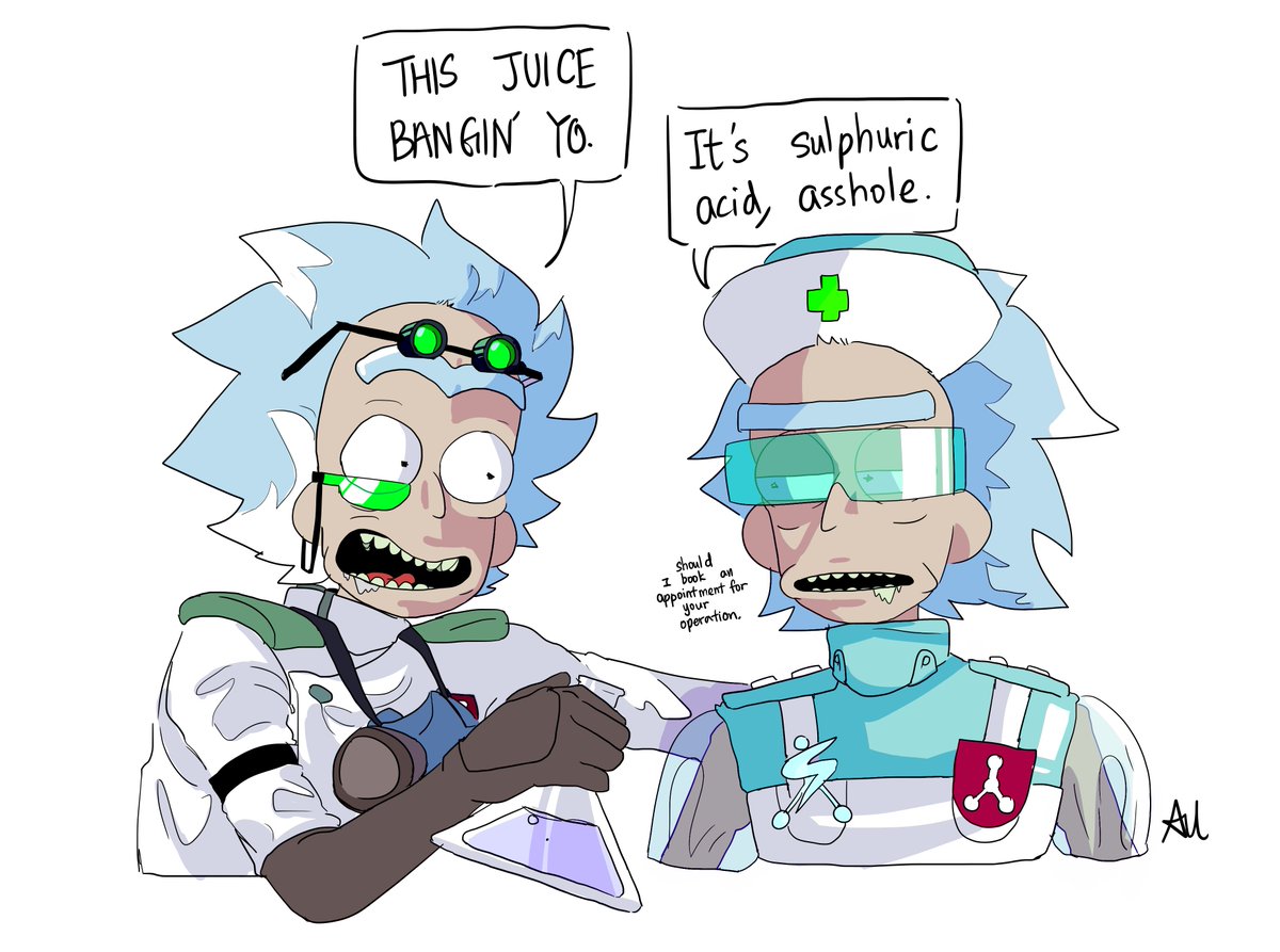 kreidxpriz's tweet image. 吸《毒》成瘾。人家吸毒品，LAB RICK吸《毒药》。没关系，他有改造他的胃来承受/排毒化学物品，可是有时还是想要到SURGEON RICK的帮助。

#labrick #surgeonrick #rick #ricksanchez #rickandmorty #pocketmorty #ram
