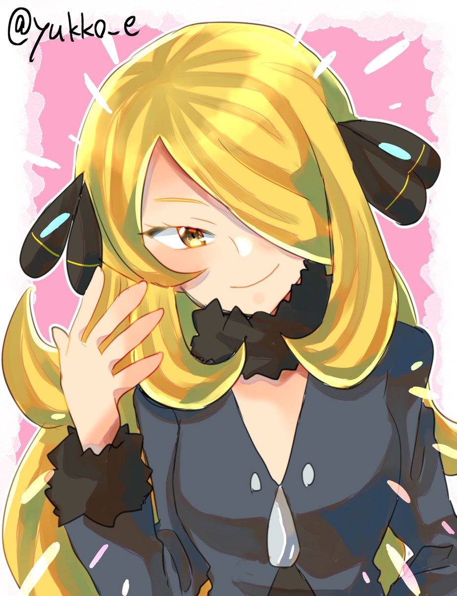 cynthia (pokemon) 1girl blonde hair solo long hair smile hair ornament hair over one eye  illustration images