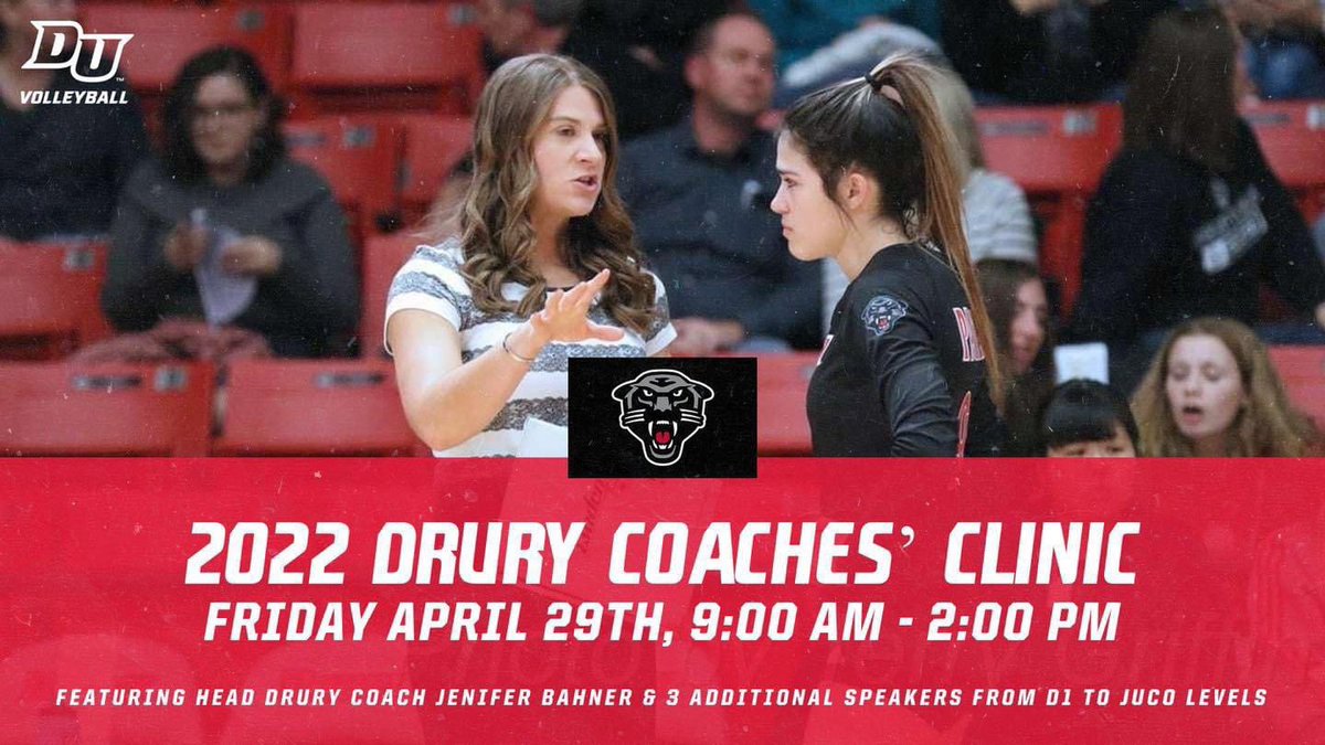 Drury University Volleyball (@drurypanther_vb) on Twitter photo Less than 2 weeks until Coaches Clinic!
Register @ Druryvolleyballcamps.com
Presenters are:
- Head Drury Coach Jenifer Bahner (D2)
- MOST WestPlains Head Coach Paula Weidemann (JuCo)
-<a href="/MNUVolleyball/">MNU Volleyball</a> Assistant Coach Adam Brewster (NAIA)
- @MOstateVB Assistant Coach AJ Lux (D1) Less than 2 weeks until Coaches Clinic!
Register @ Druryvolleyballcamps.com
Presenters are:
- Head Drury Coach Jenifer Bahner (D2)
- MOST WestPlains Head Coach Paula Weidemann (JuCo)
-<a href="/MNUVolleyball/">MNU Volleyball</a> Assistant Coach Adam Brewster (NAIA)
- @MOstateVB Assistant Coach AJ Lux (D1)
