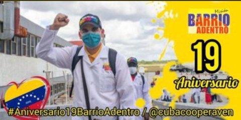 La vocación internacionalista de la Revolución Cubana y Bolivariana, presente en la Misión Barrio Adentro. 
<a href="/cubacooperaveTR/">Misiones Cubanas Estado Trujillo</a> <a href="/cubacooperaven/">Brigada Médica Cubana en Venezuela</a> <a href="/MINSAPCuba/">Ministerio de Salud Pública de Cuba</a> <a href="/PardoRegla/">Regla Angulo Pardo</a> <a href="/japortalmiranda/">José Angel Portal Miranda</a> #Aniversario19BarrioAdentro #CubaViveEnSuHistoria #CubaPorLaVida #CubaCoopera