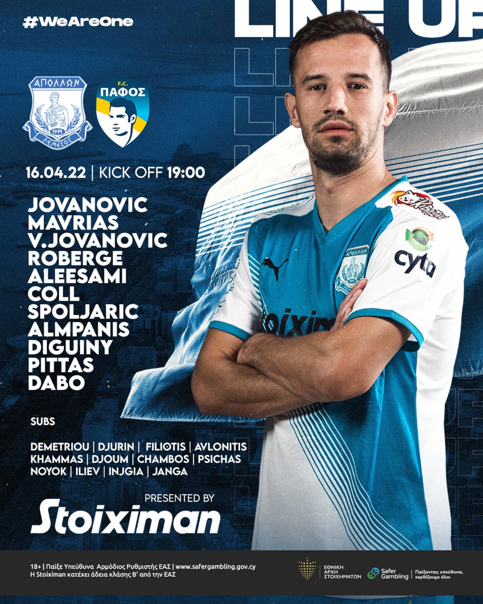 APOLLONOFFICIAL's tweet photo. 📋 #LineUp | Η ενδεκάδα της ομάδας μας για την σημερινή αναμέτρηση 🔵⚪💪

#ApollonFC #WeAreOne #ApolPaf https://t.co/xd0Hiue8X1