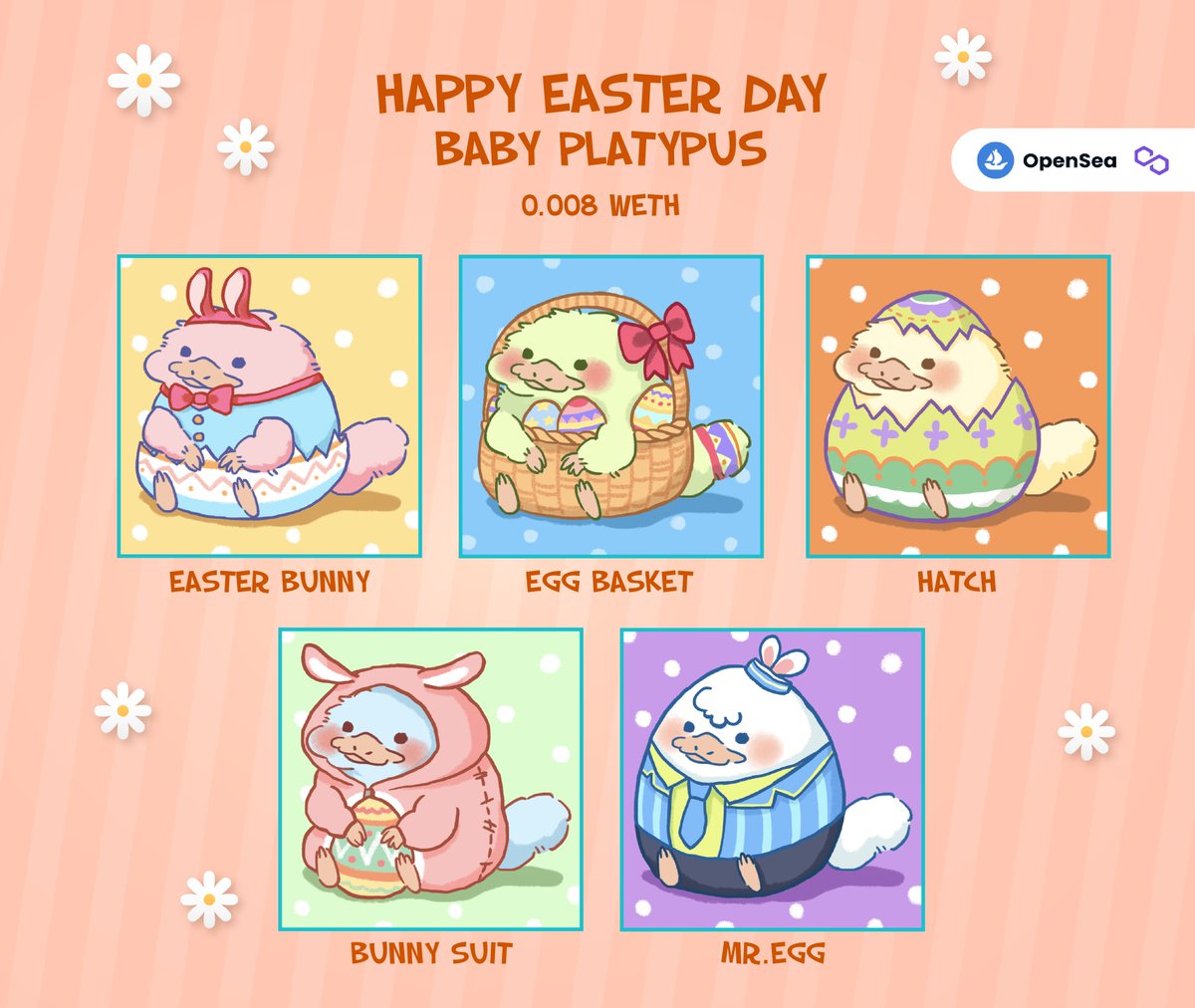 🥚 Happy Easter Day 🥚
         Baby Platypus

Finding eggs, enjoy the celebration

Time : 17 SUN APR
20:30 BKK Time, GMT+7

🪙0.008 WETH (Polygon)
👉Soon on Opensea
opensea.io/collection/bab…

#NFTCommmunity #NFTTHAILAND  #NFTJapan #nftcollector #NFT #nftpolygon