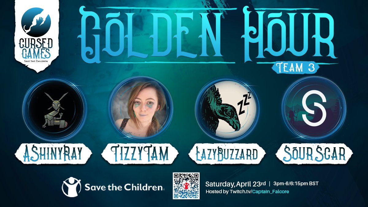 Spammals's tweet photo. TEAM ANNOUNCEMENT!
The Golden Hour ship has pulled into Cursed Games staring @AShinyRayquaza @StreamsTizzy @LazyBuzzardTV & @_SourScar!
Remember the date!
April 23rd raising funds for #SaveTheChildren
Twitch Drops, Giveaways, Rare doubling money raised!
#CursedGames https://t.co/T9MLYq4VdL