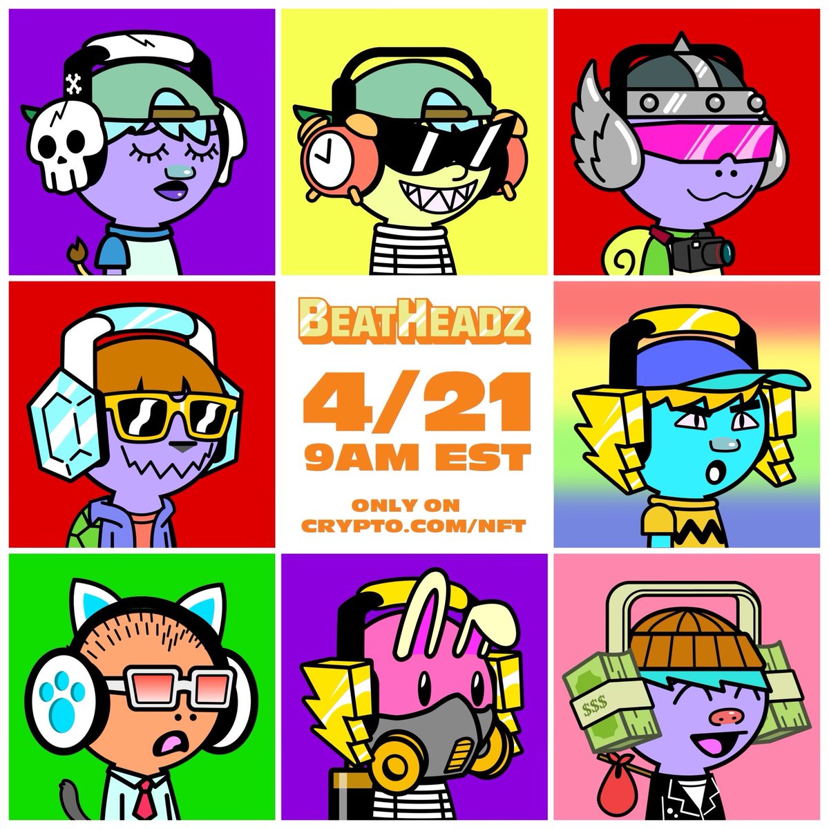 BeatHeadzNFTs's tweet photo. In 5 days, help #SaveTheMetaverse! From world-renowned street artist @philishlunchbag and Grammy-nominated @aloeblacc, @BeatHeadzNFTs officially joins the #crofam when we mint on 4/21 on @cryptocomnft! Learn more now: https://t.co/ohGSejKTdr https://t.co/S0z3uz3WJV