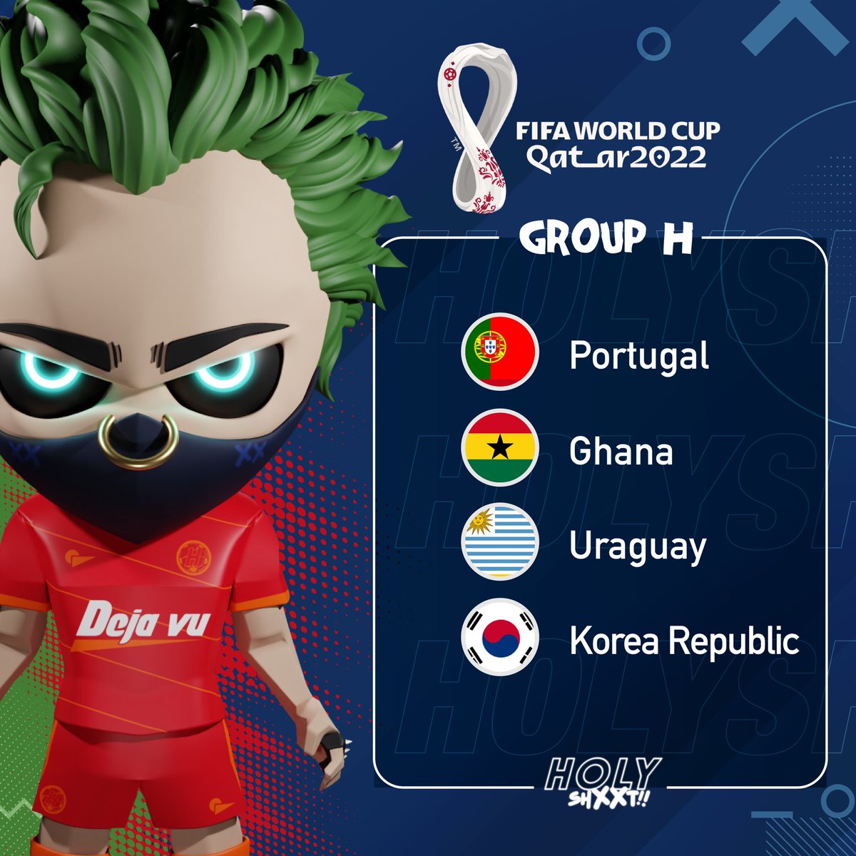 Group H Arguably is the most competitive group among all.  We will see <a href="/Cristiano/">Cristiano Ronaldo</a> for #Portugal 🇵🇹 compete in what could be his #WorldCup finale up against 🇬🇭 🇺🇾 🇰🇷, which 2 teams do you want to see them come thru from this group? 

#finaldraw #holyshxxtnft #QatarWorldCup2022