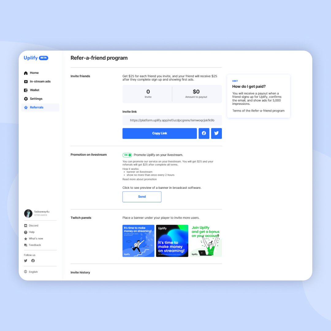 TryUplify's tweet image. We have great news for streamers!

We launched the referral program. What does it mean for streamers? You can get Referral Bonus for each friend who is connected to the Uplify!

How to use the referral program and earn extra income:

👉 Go to your… t2p.pw/jGnbpA1Zcu