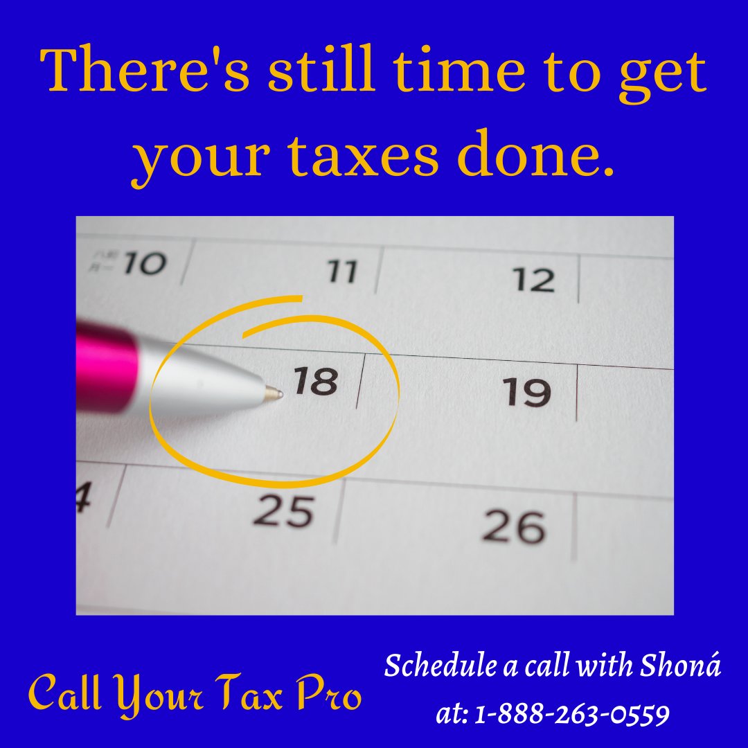 CallShona's tweet photo. Last call! If you need to file your personal or business taxes, don't delay; April 18th is around the corner. We serve all 50 states and you can get your tax returns done right from your couch. Just Call Your Tax Pro.#businesstax#callyourtaxpro#invest#moneymatters#savemoney https://t.co/VmN15oWNJv
