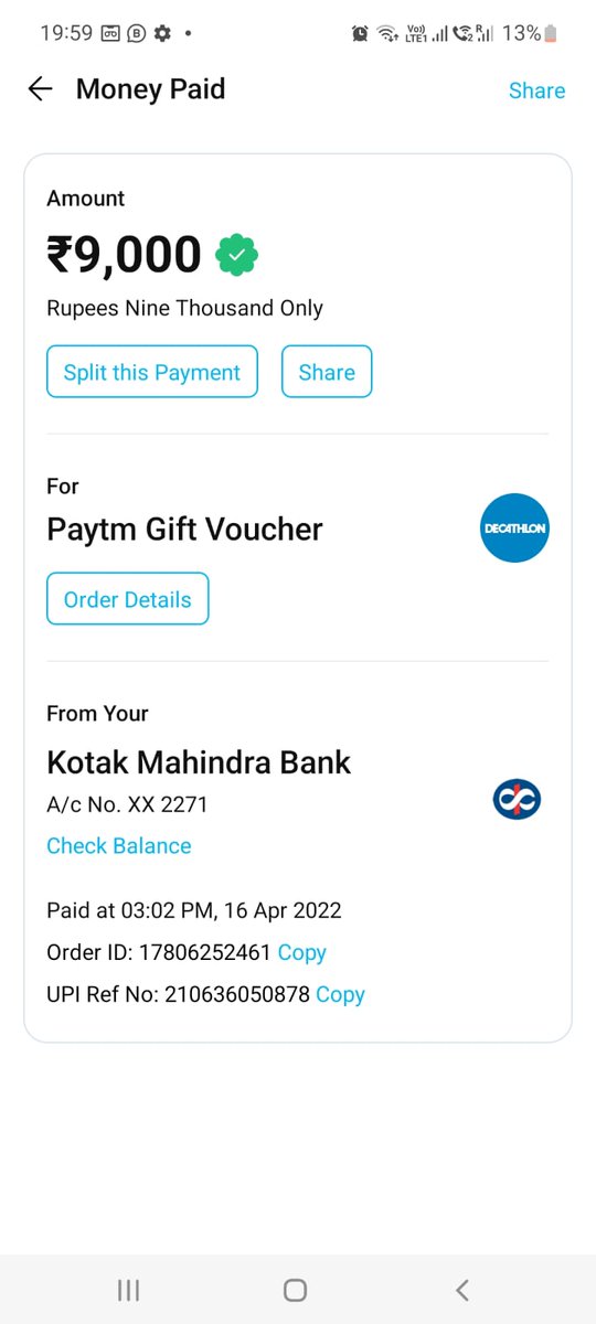 sushilvaishnav's tweet photo. @Paytmcare @gen_vsm @amankr9065 @Paytmcare 
I have bought 9000 Rs Gift Voucher of @Decathlon_India from #Paytm . Within 1 min when I presented this to #decathlon store they told me it has zero value and told me this is #Paytm  Issue we cant do anything . #patym is not responding as if no customer service exist https://t.co/sXCQBXsl6N
