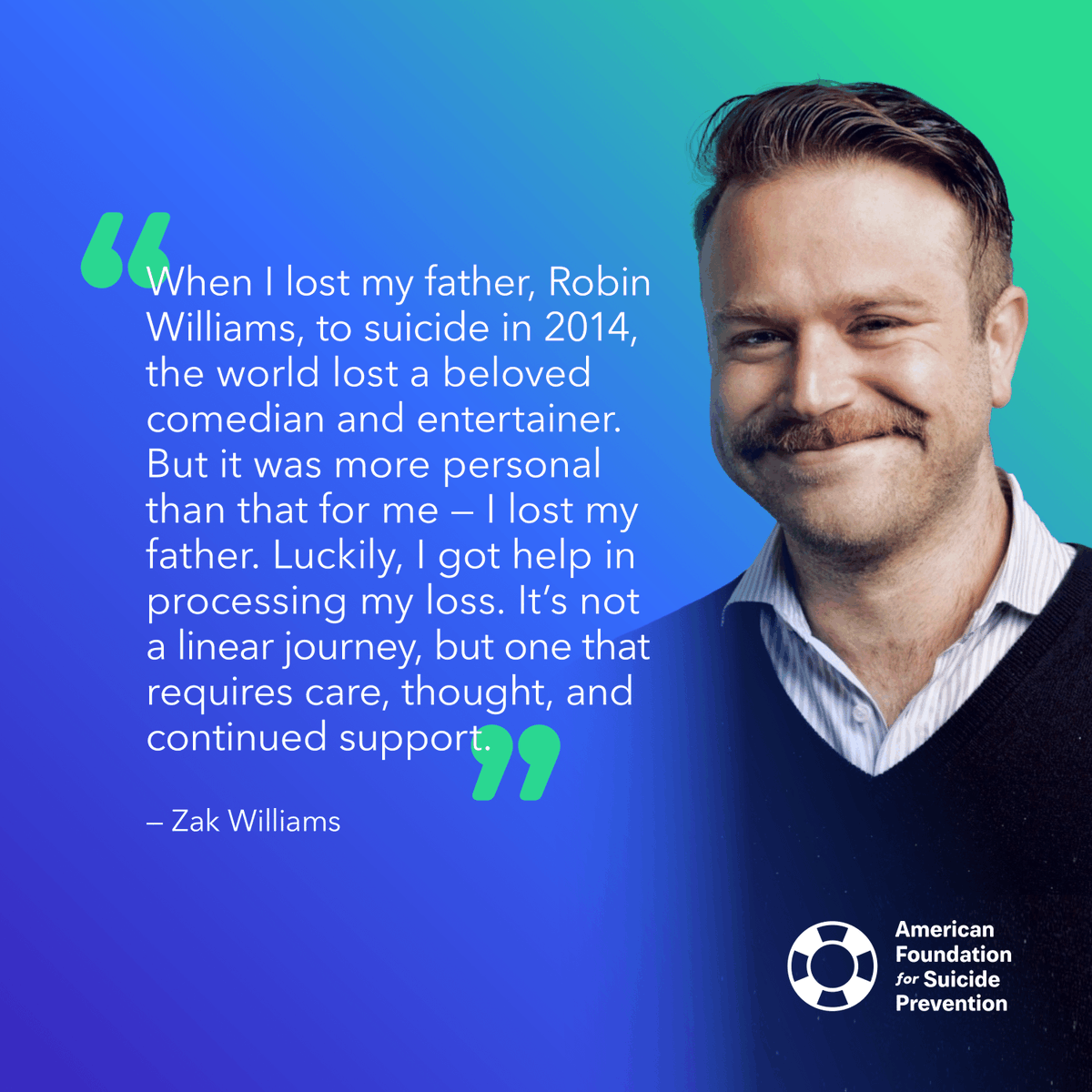 afspnational's tweet image. We are pleased to share that @zakwilliams, mental health advocate and son of Robin Williams, will be the keynote speaker at our Long-Term Survivors of Suicide Loss Summit. Learn about his personal story and ties to mental health at the conference: afsp.org/SurvivorSummit