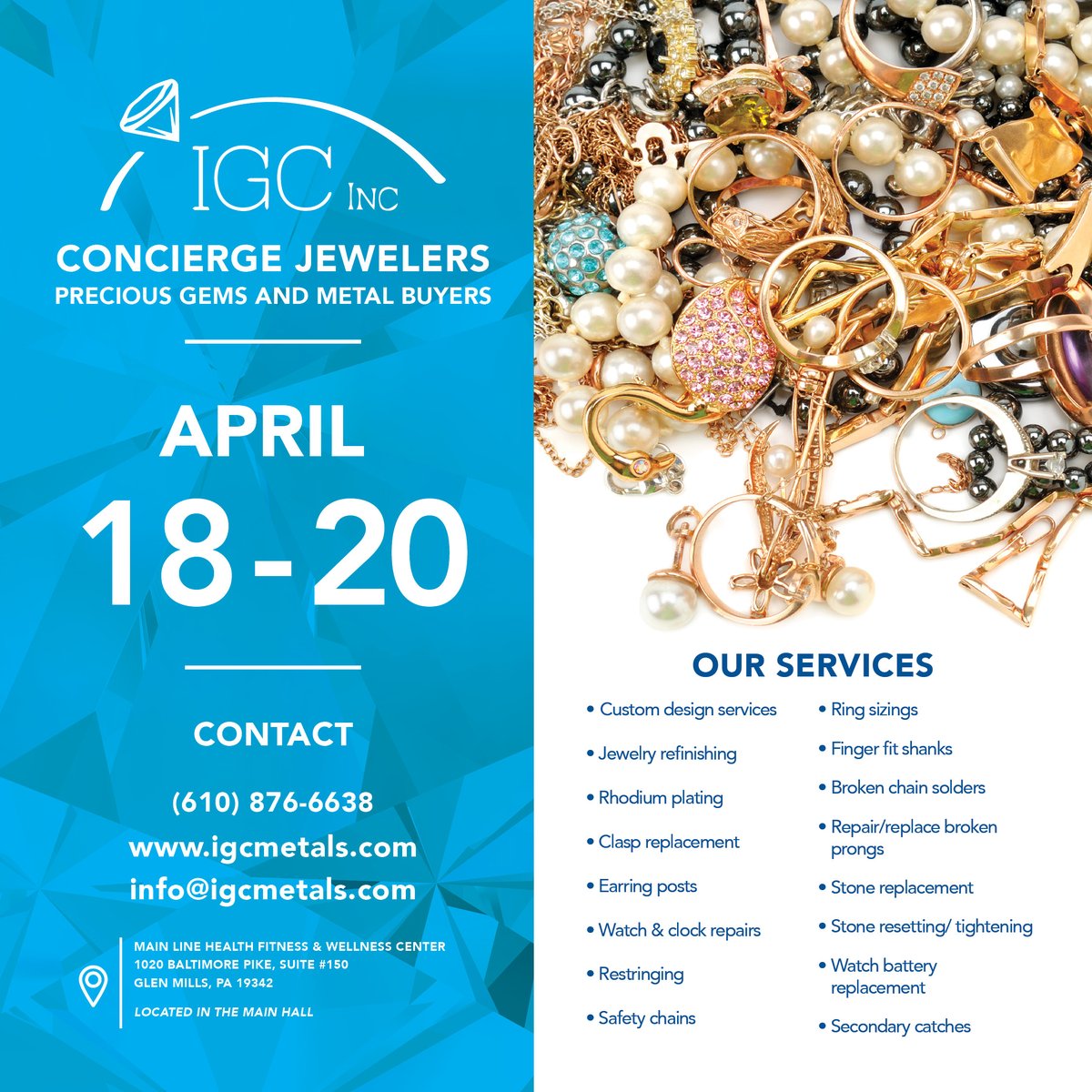 MLHFitandWell's tweet photo. IGC Inc. Concierge Jewelers will be visiting the Center!

They will be on-site for all your jewelry needs from Monday, April 18th through Wednesday, April 20th! https://t.co/2M1oumafqH