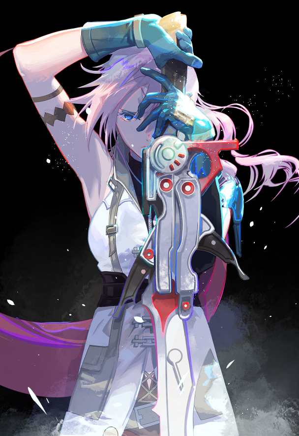 1girl weapon solo gloves pink hair gunblade blue eyes  illustration images