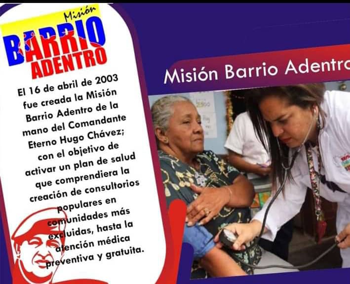 Misión Barrio Adentro a 19 años de su Aniversario creada  Hugo Rafael Chávez Fría y nuestro comandante Fidel Castro Ruz juntos más fortalecidos.  
#Aniversario19BarrioAdentro 
<a href="/capote_raciel/">Raciel Pérez Capote</a> 
<a href="/Cubacooperabol2/">Brigada Médica 🇨🇺 Bolívar🇻🇪</a> 
<a href="/cubacooperaven/">Brigada Médica Cubana en Venezuela</a> 
<a href="/CubaVa_Bolivar2/">Grupo Trabajo Estadual Bolívar</a>