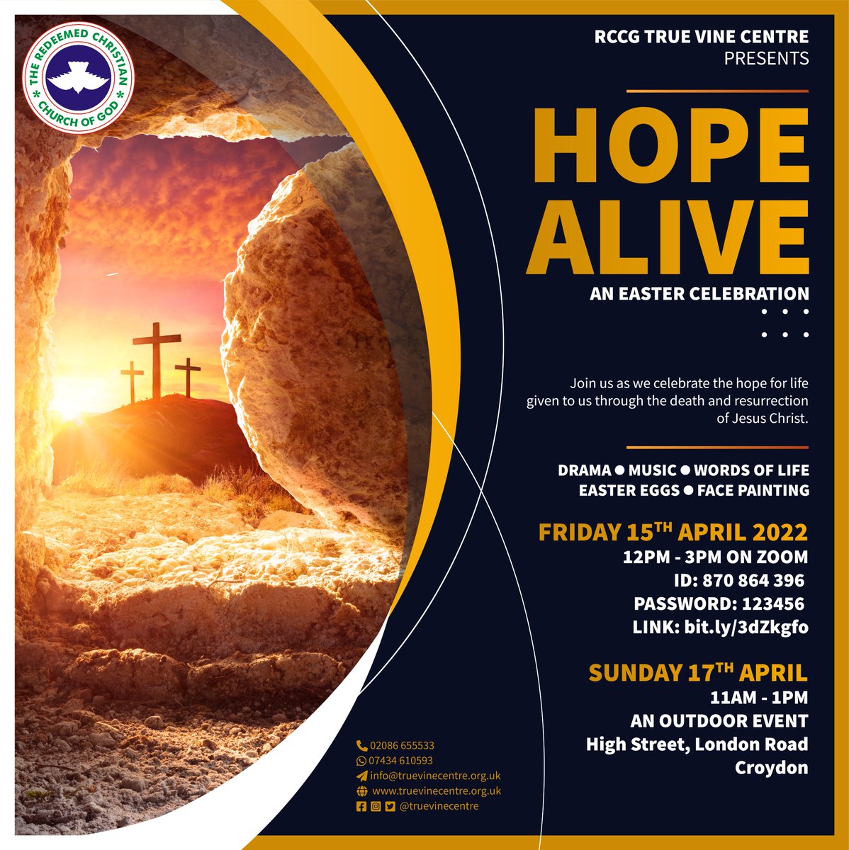 truevinecentre's tweet photo. Join us as we celebrate the hope for life given to us through the death and resurrection of Jesus Christ at an outdoor event.

High Street, London Road, Croydon from 11am to 1pm on 17 April, Easter Sunday 2022!

Drama | Music | Words of Life | Easter Eggs | Face Painting

#Easter https://t.co/XfsBOMN7LO